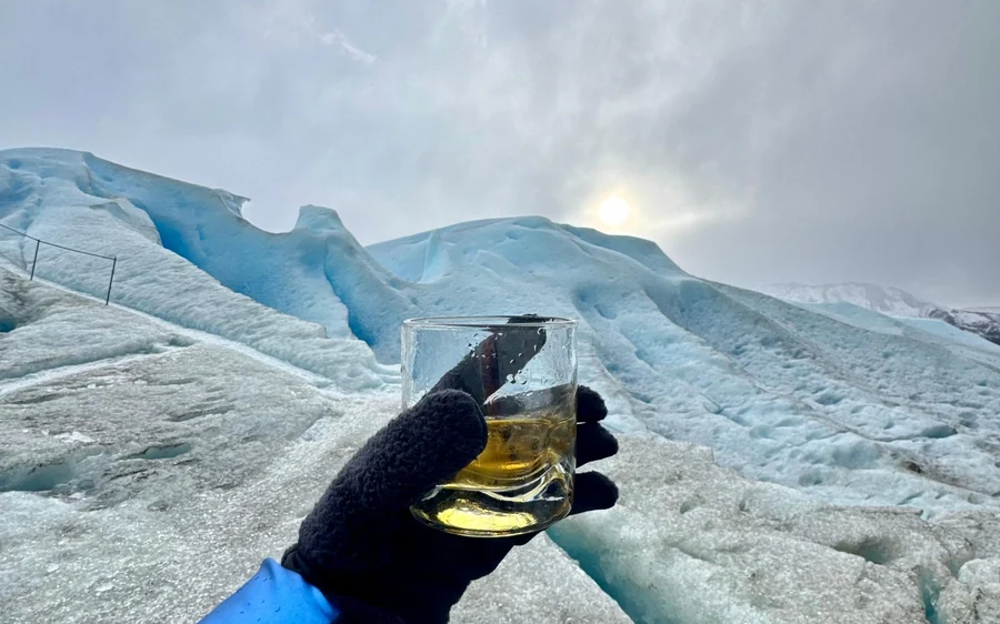 A guided group in crampons walking on the Perito Moreno Glacier in Argentina