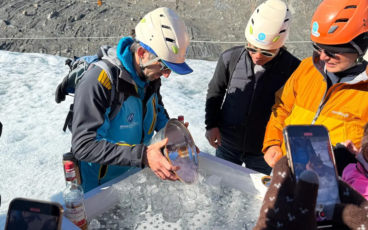 A guided group in crampons walking on the surface of the Perito Moreno Glacier